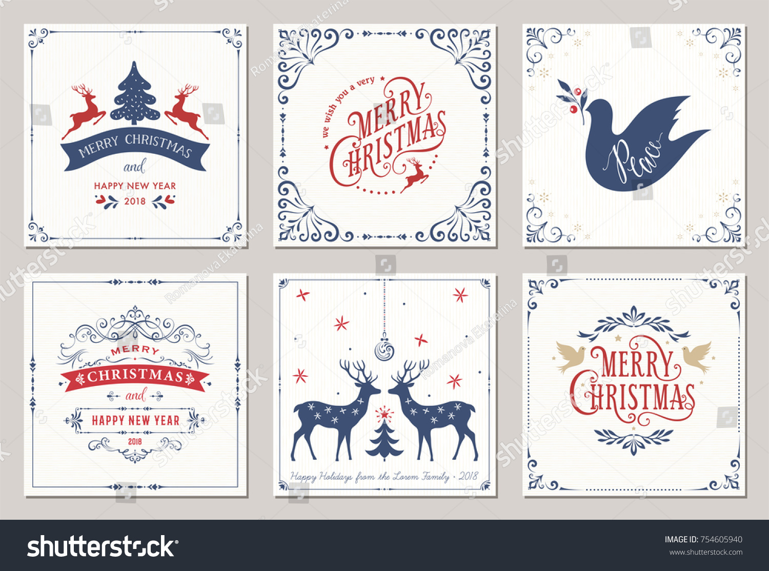 Ornate square winter holidays greeting cards with New Year tree, reindeers, Christmas ornaments, Peace Doves, swirl frames and typographic design. Vector illustration. #754605940