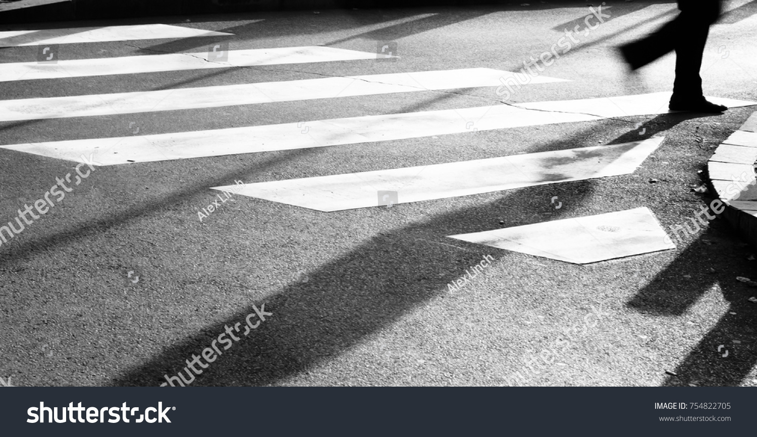 Blurry zebra crossing with silhouette and shadow of person walking in the cold and sunny early morning autumn day in black and white #754822705