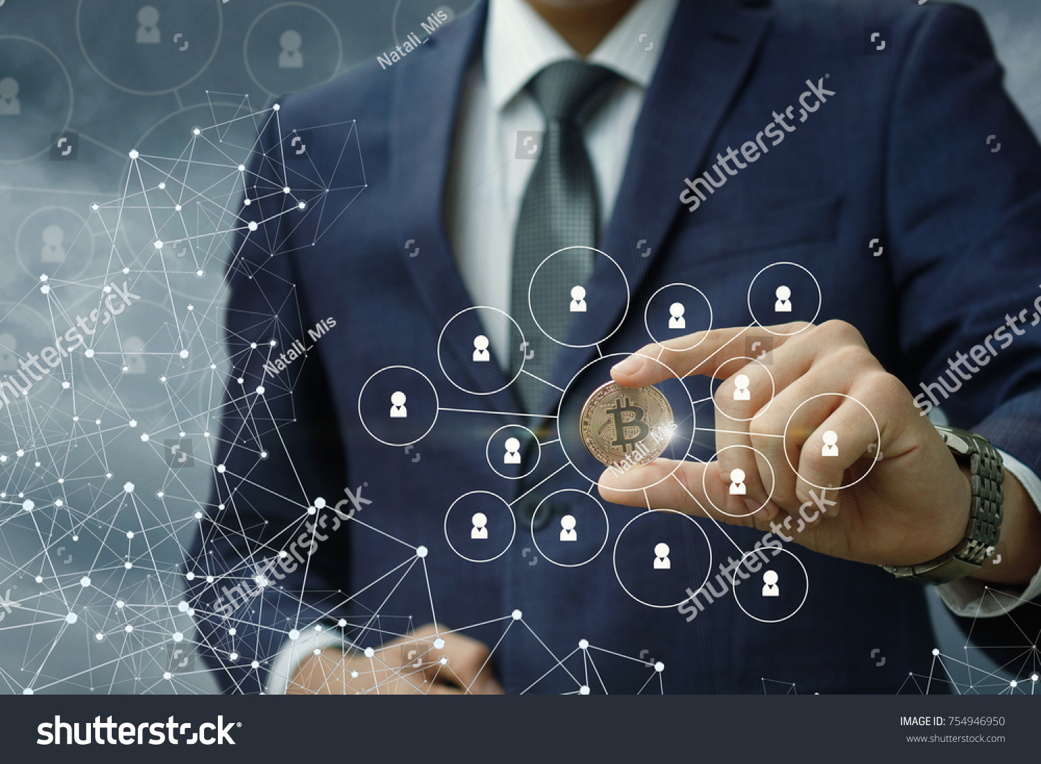 Businessman holding a coin in the network with a blue background. #754946950