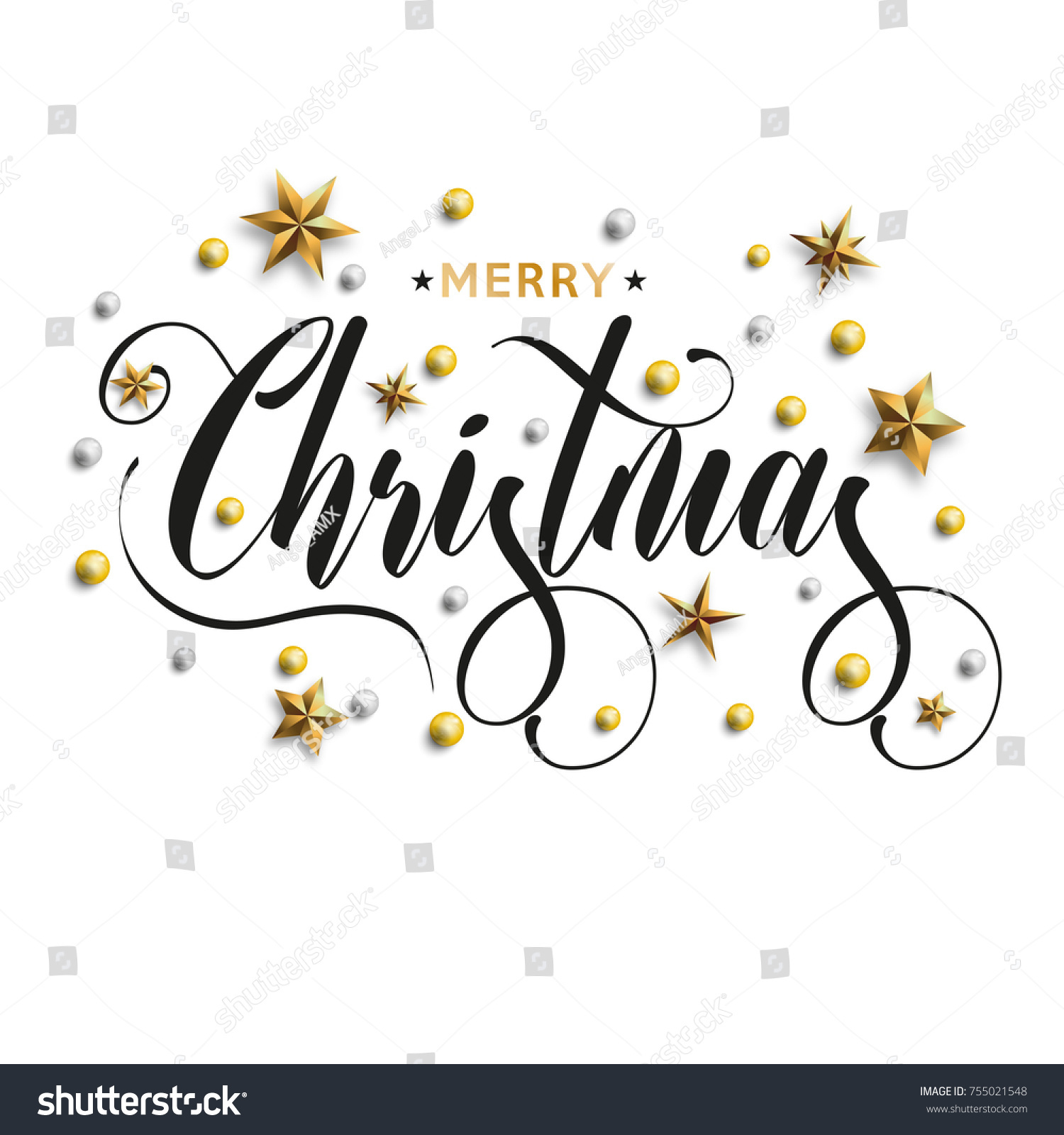 Merry Christmas inscription decorated with gold stars and beads. Vector illustration. #755021548