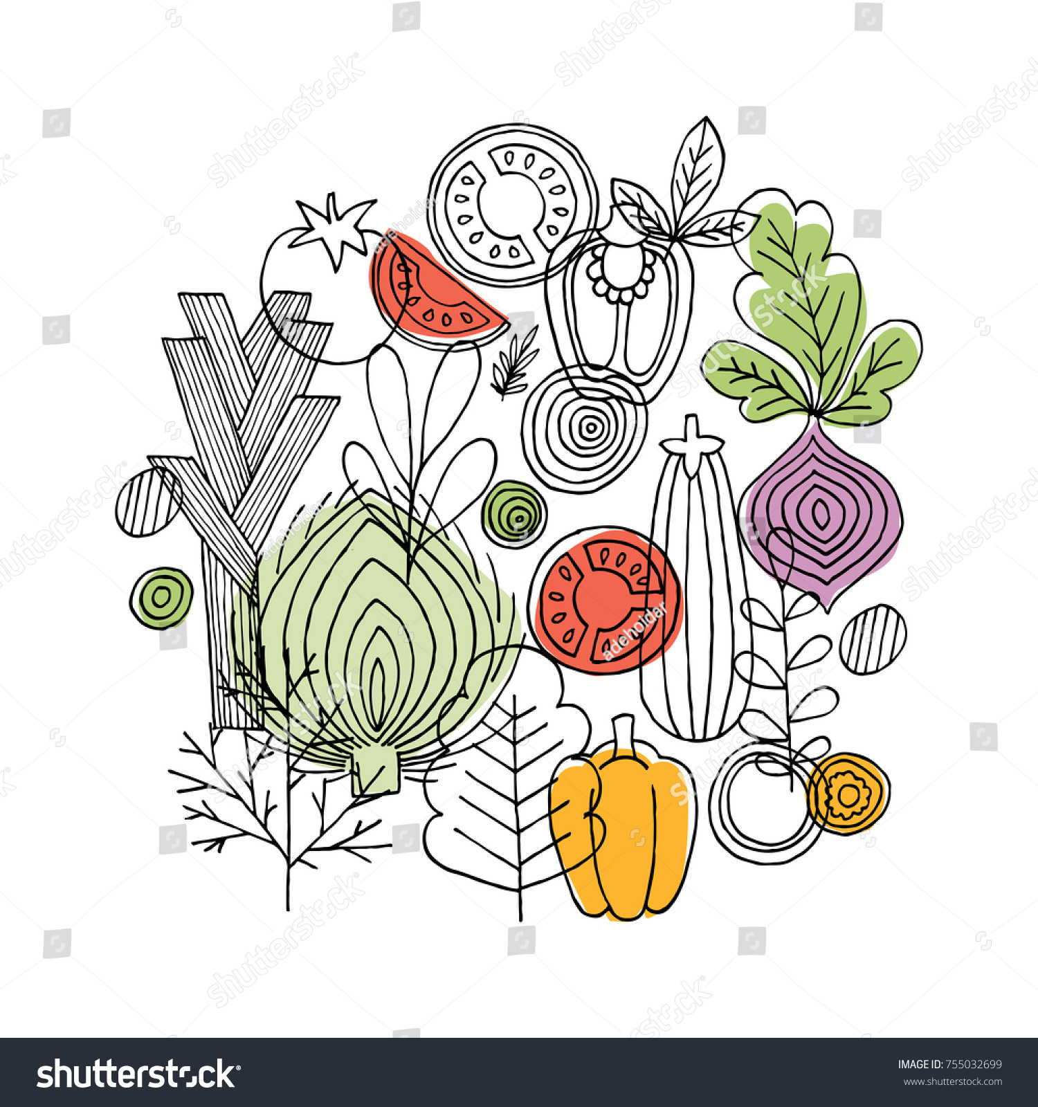 Vegetables round composition. Linear graphic. Vegetables background. Scandinavian style. Healthy food. Vector illustration #755032699