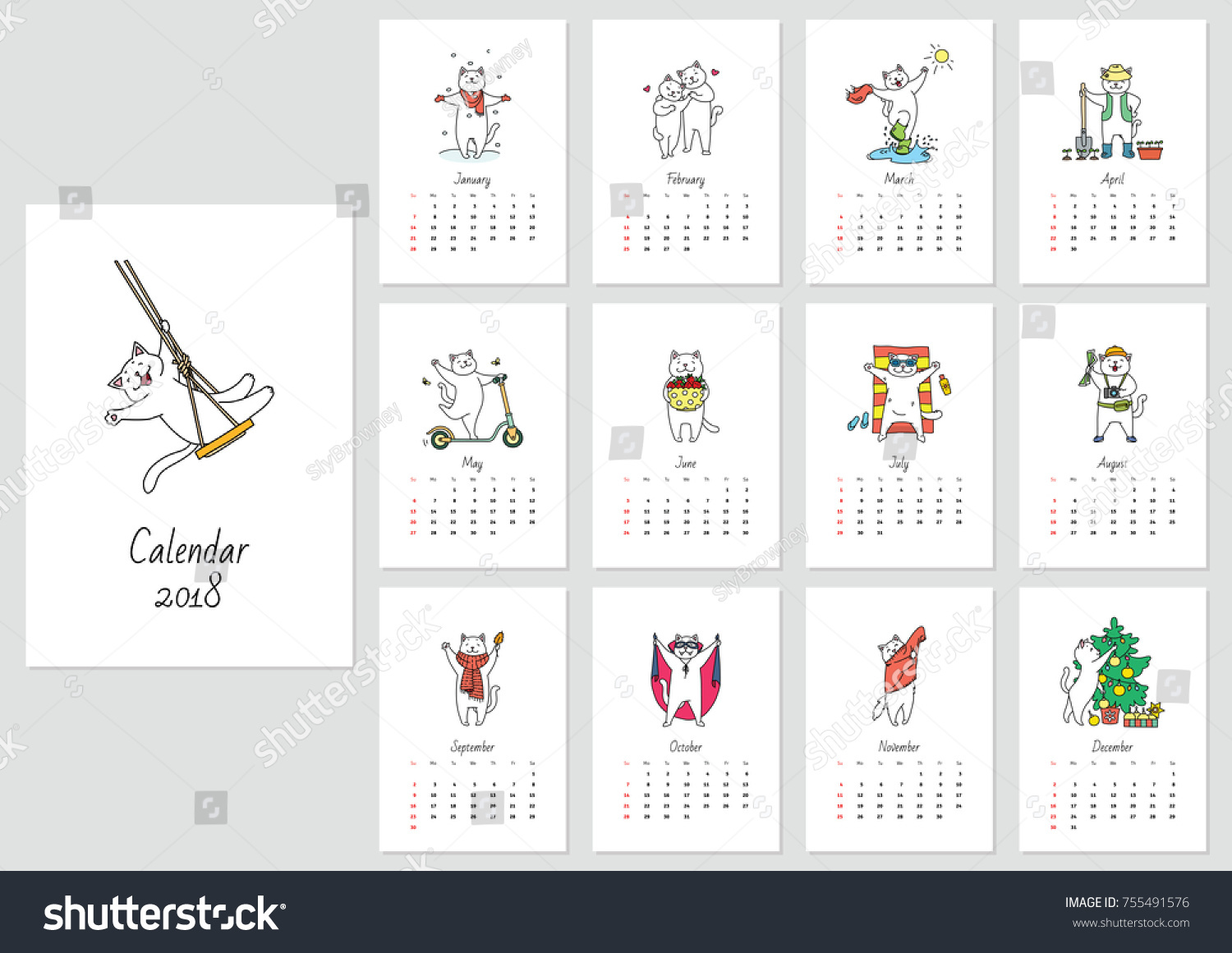 Vector monthly calendar with a cute white cat - Royalty Free Stock ...