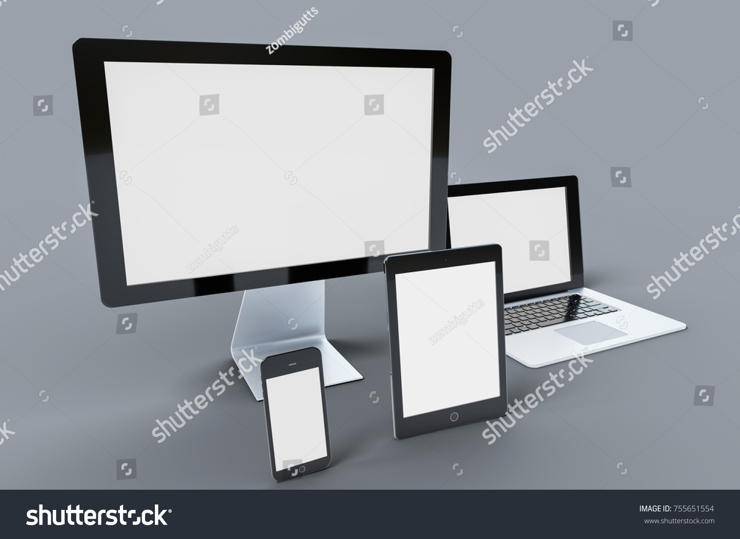 3d Digital templates of different devices 3d illustration of :computer monitor, smartphone tablet , laptop #755651554
