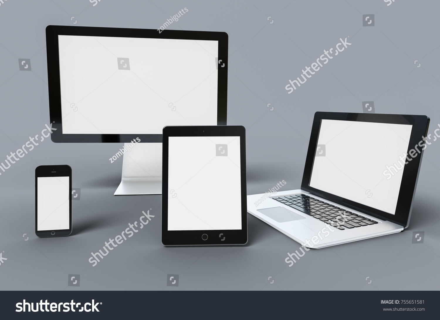 3d Digital templates of different devices 3d illustration of :computer monitor, smartphone tablet , laptop #755651581