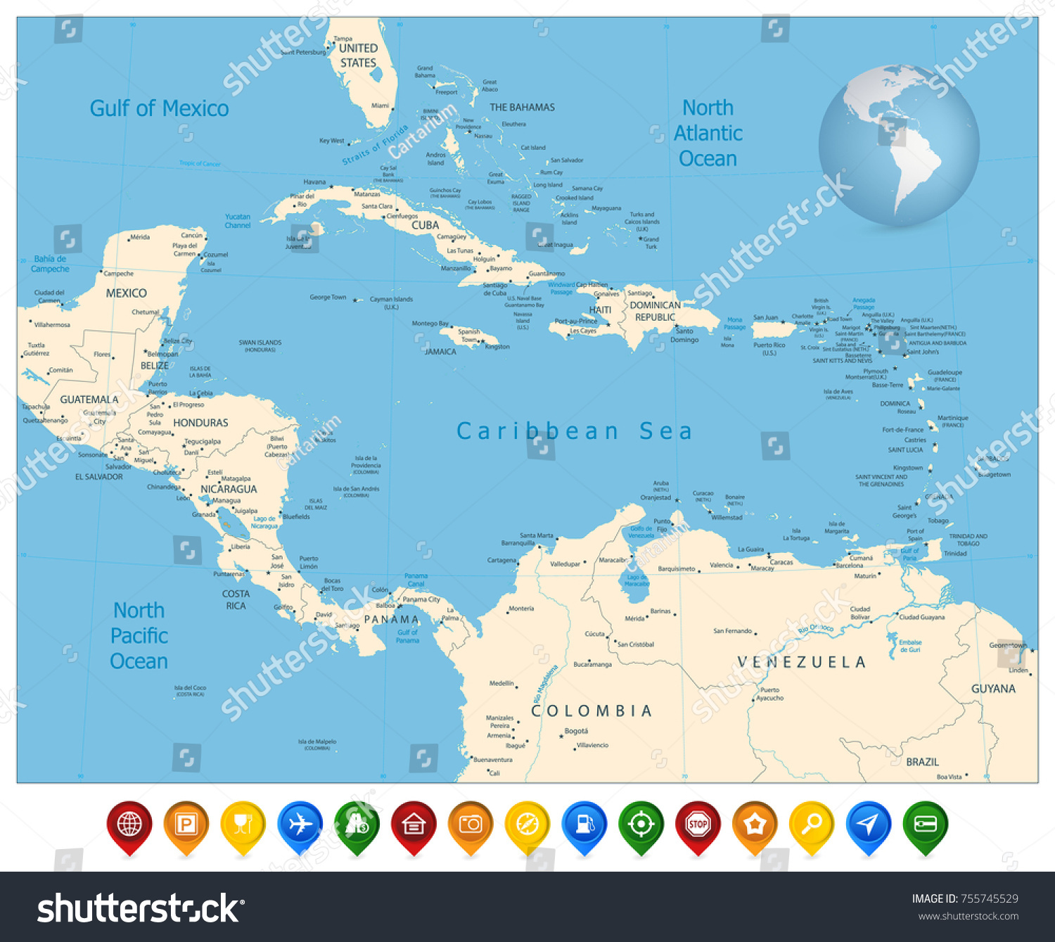 Political Map of the Caribbean and colorful map markers #755745529