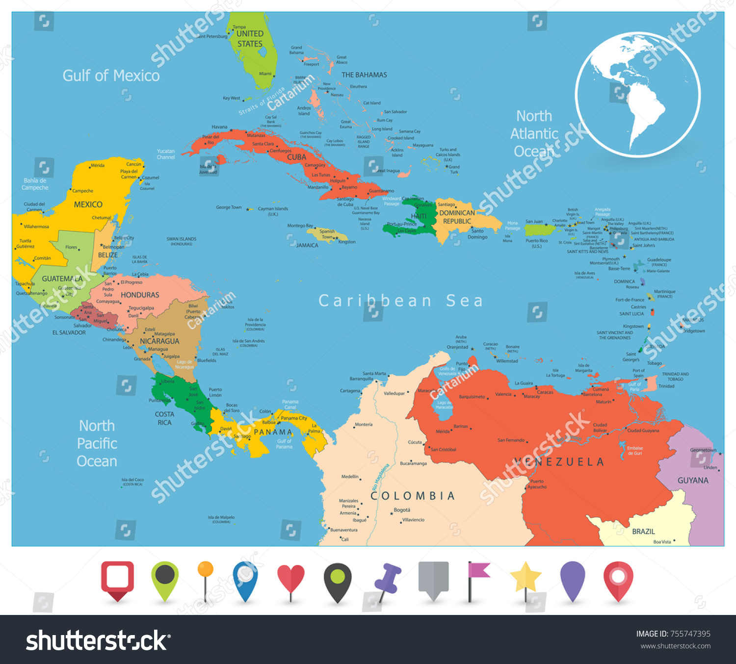 Political Map of the Caribbean and flat icons - Royalty Free Stock ...