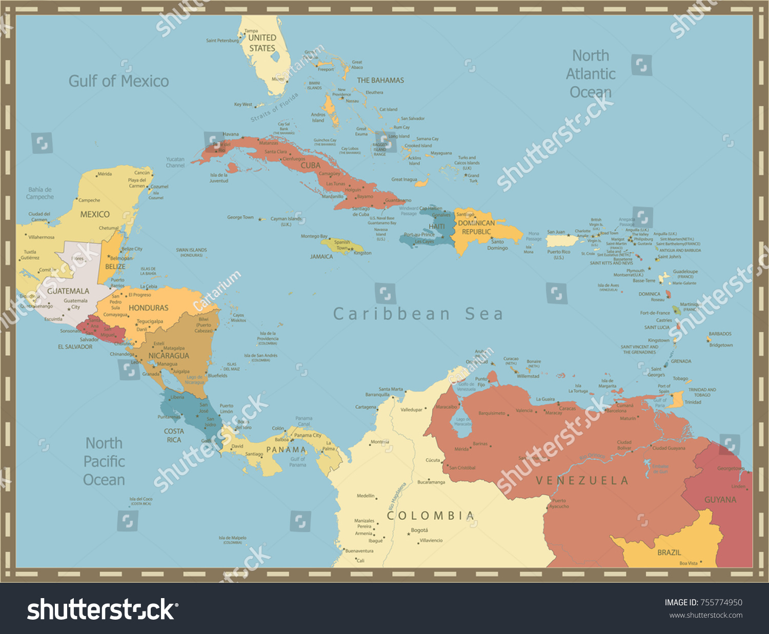 Vintage Color Map of the Caribbean - Royalty Free Stock Vector ...