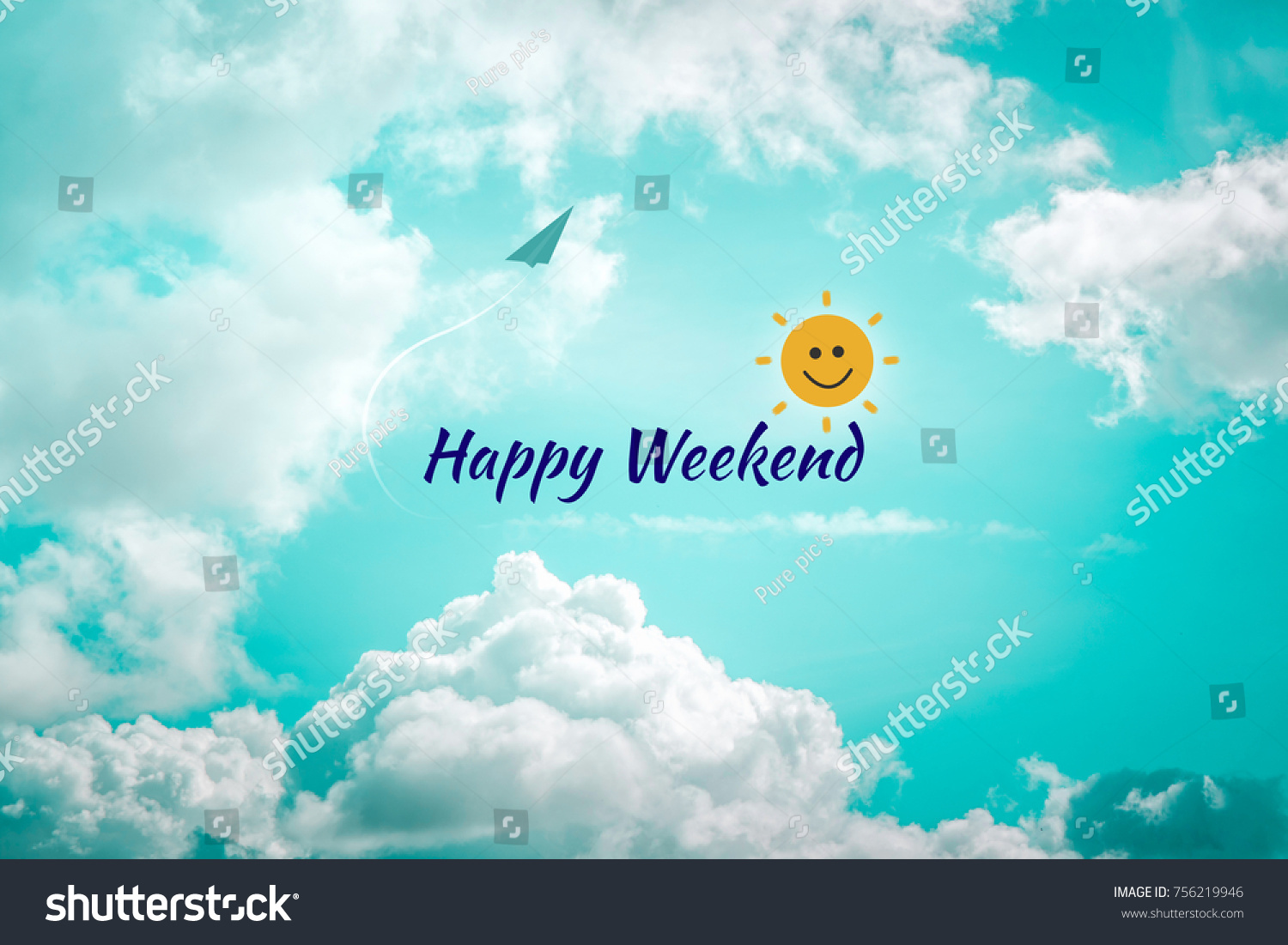 Happy weekend colorful word on blue sky and cloud background.sun smile cartoon on paper airplane. #756219946