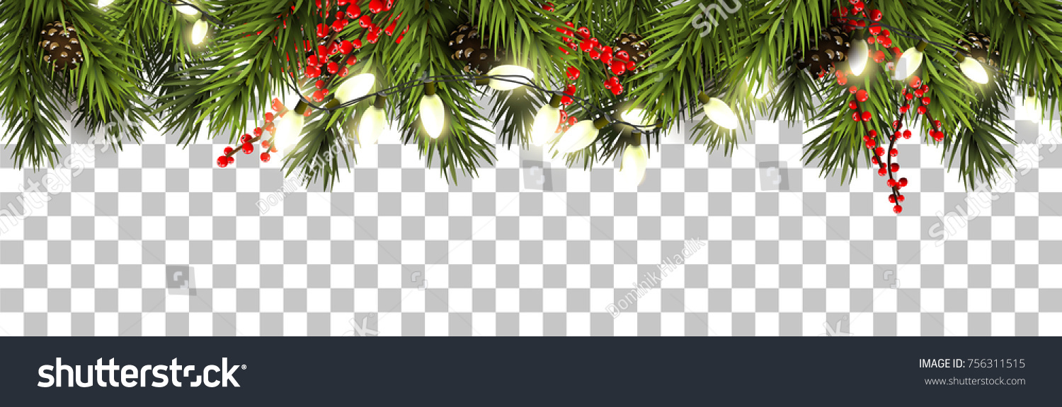 Christmas border with fir branches, pine cones, berries and lights #756311515