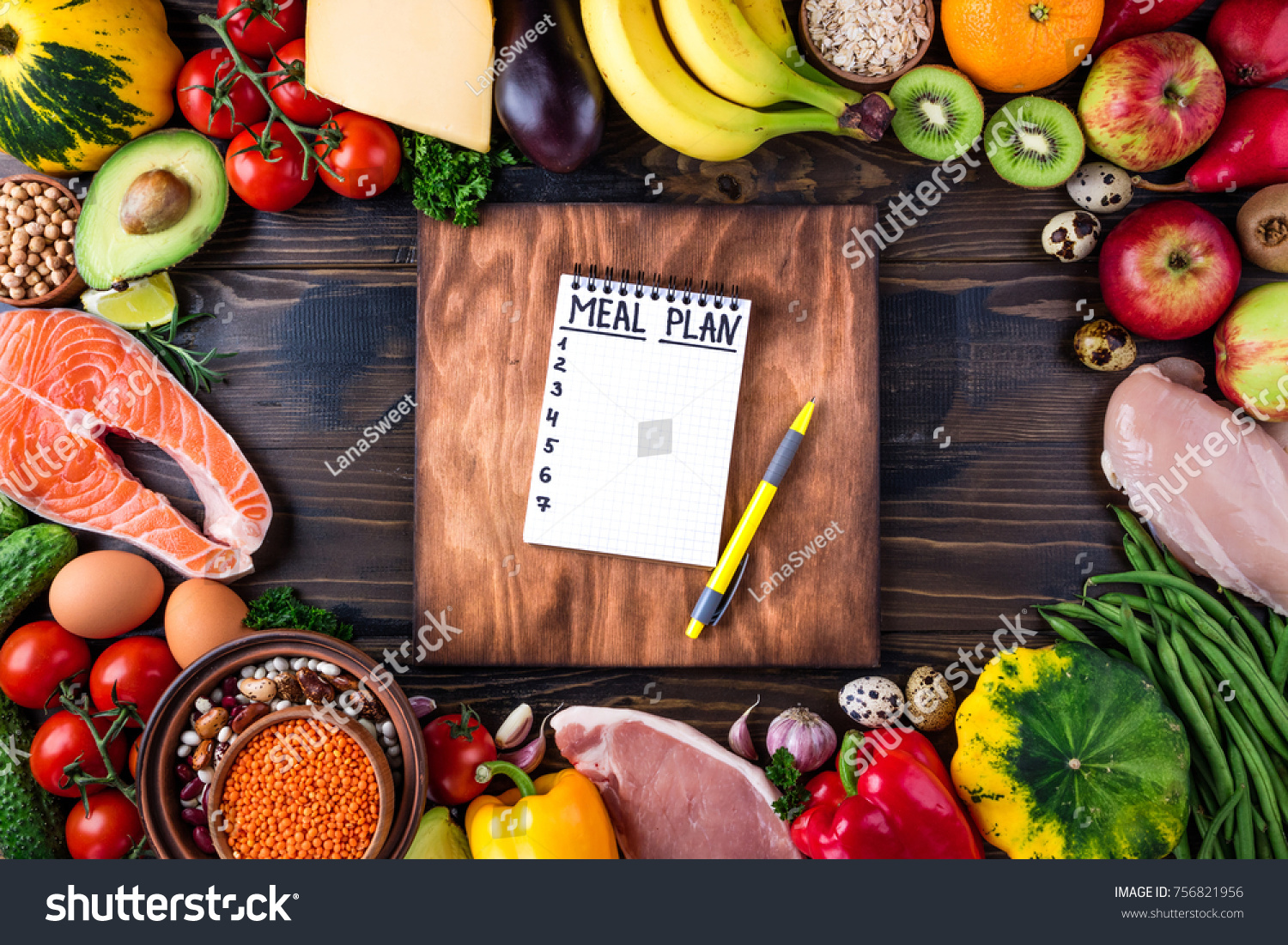 Healthy food concept. Fresh  vegetables, fruits, meat and fish on wooden table. Healthy eating and meal plan. Top view #756821956