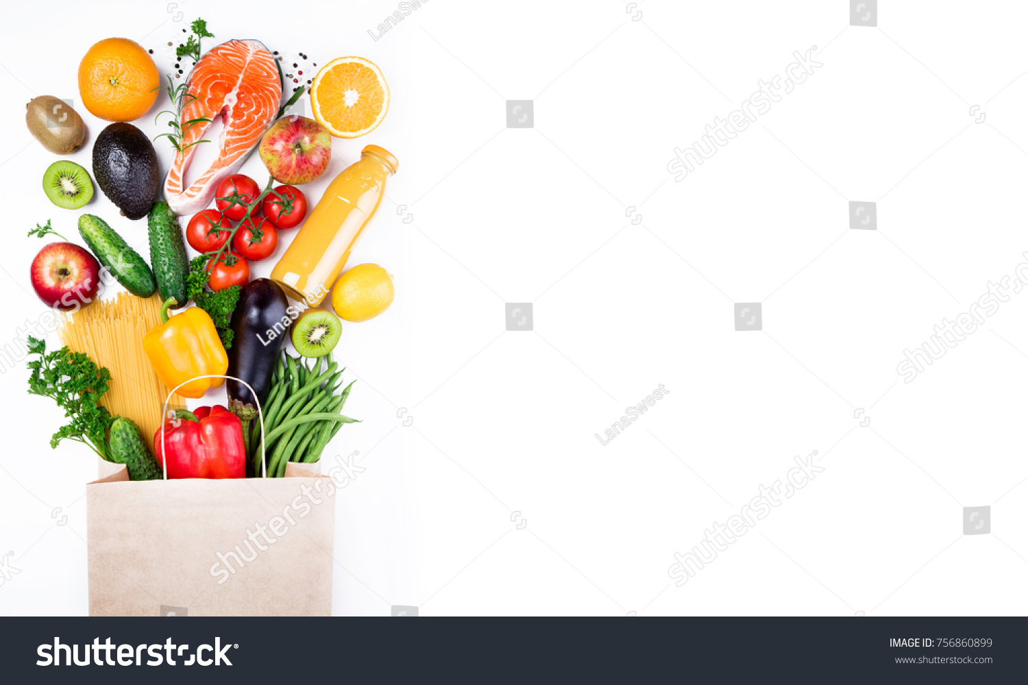 Healthy food background. Healthy food in paper bag fish, vegetables and fruits on white. Shopping food supermarket concept. Long format with copy space #756860899