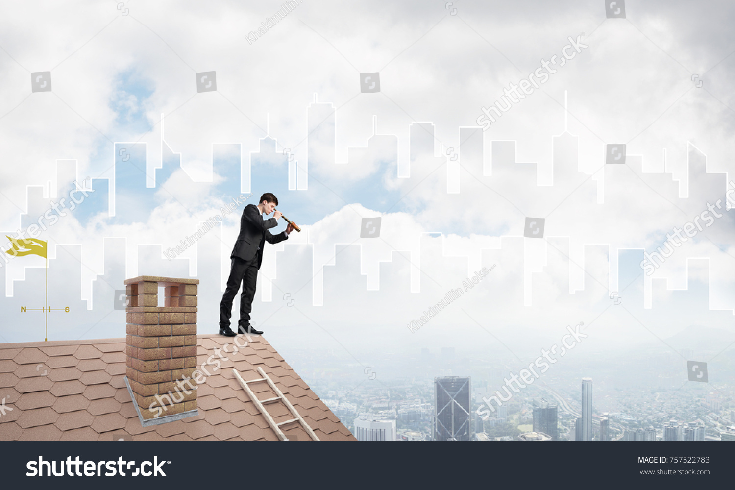Young businessman in suit on roof edge. Mixed media #757522783