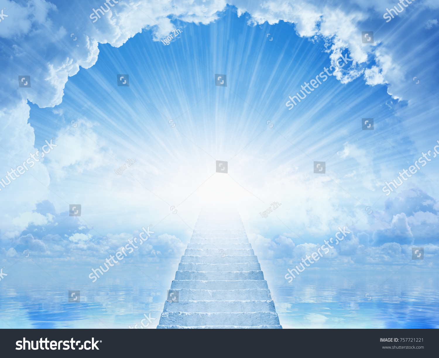 Peaceful heavenly background - light from heaven, staircase to heaven, light of hope in blue skies #757721221