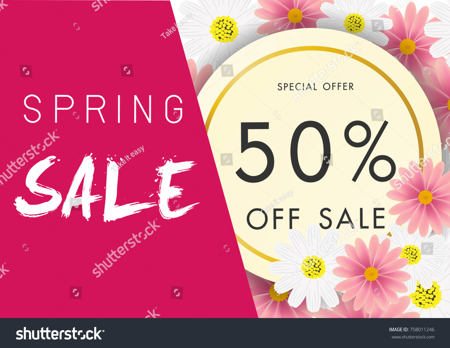 Spring sale background with beautiful flower, vector illustration template, banners, Wallpaper, invitation, posters, brochure, voucher discount. #758011246