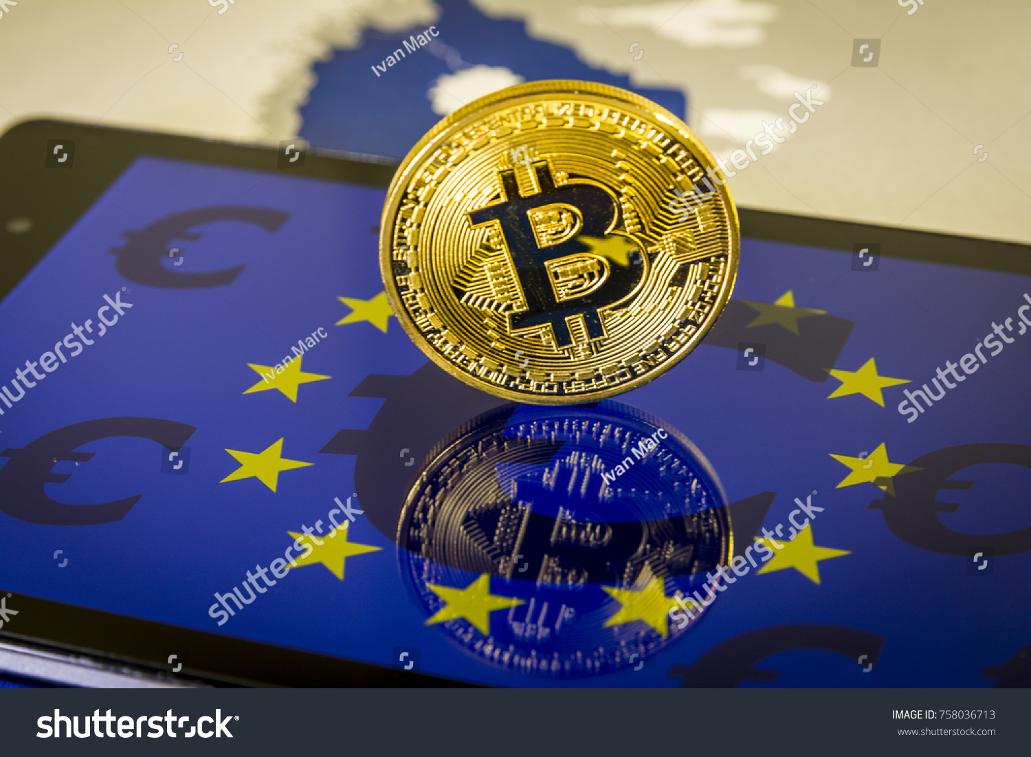 Financial concept with golden Bitcoin over smartphone, with EU flag and euro symbol. MiCA Directive of Bitcoin and other cryptocurrencies in European Union concept. Mica Regulation #758036713