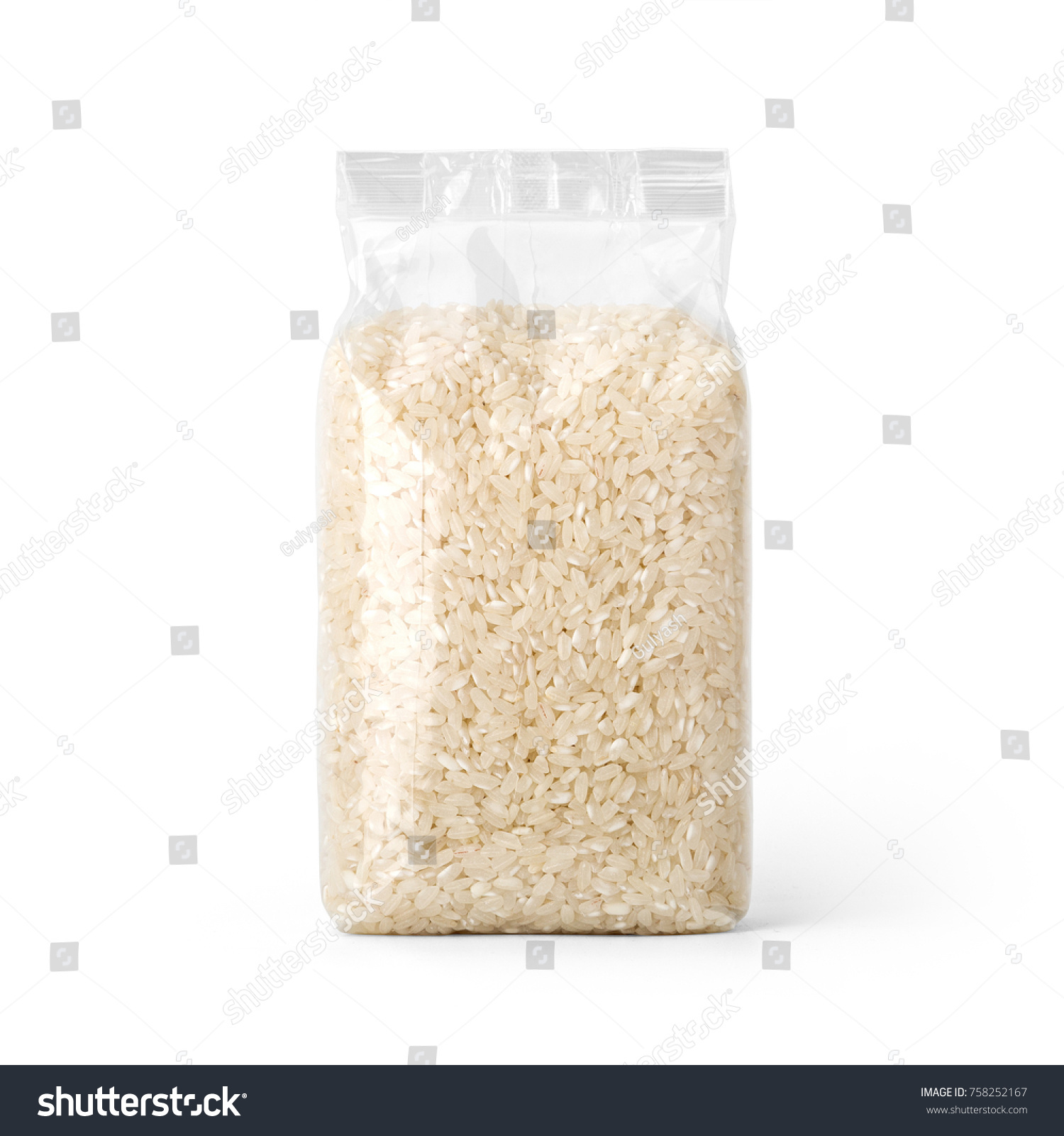 Rice in transparent plastic bag isolated on white background. Packaging template mockup collection. With clipping Path included. Stand-up Front view. #758252167
