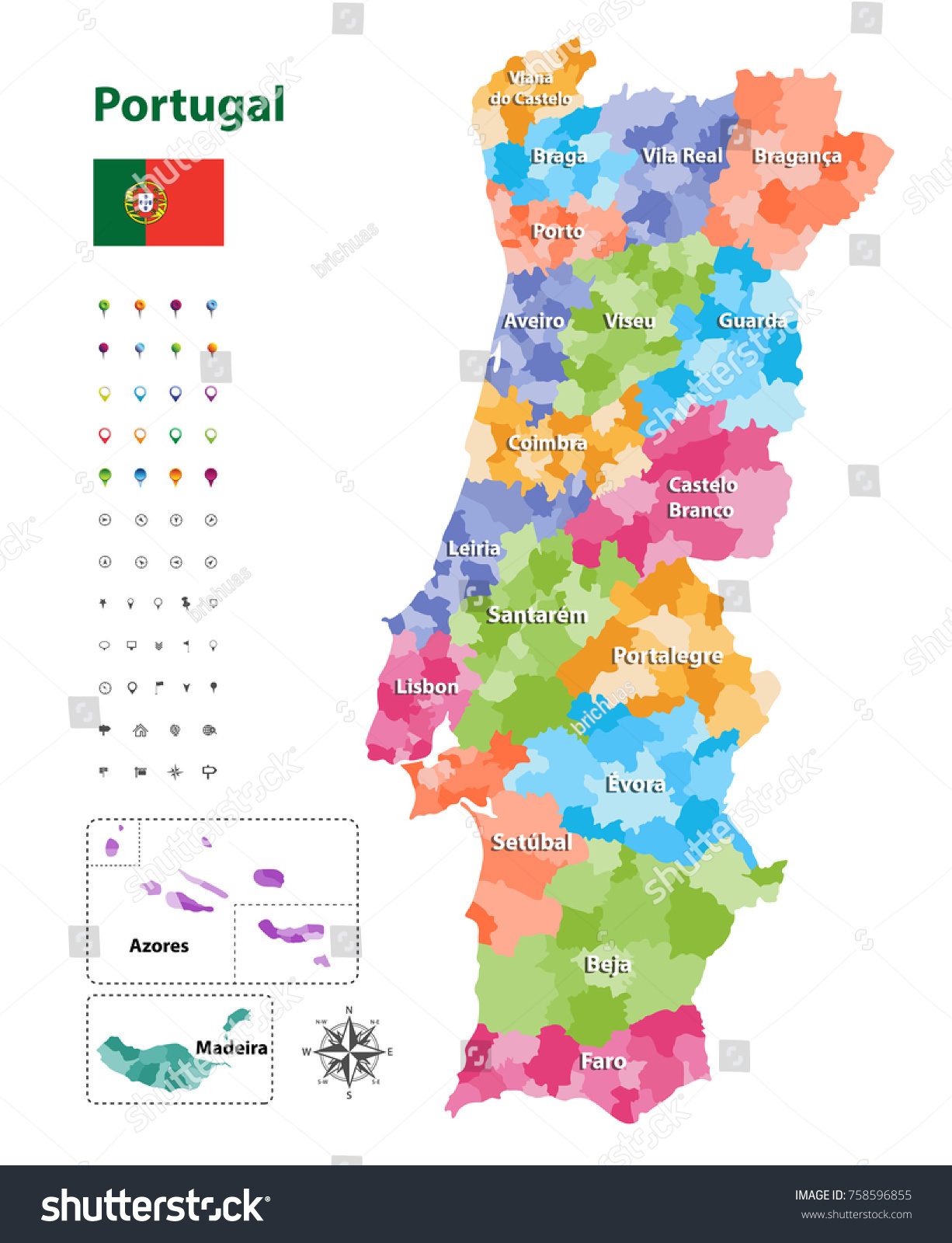 Vector Map Of Portugal Districts And Autonomous Royalty Free Stock Vector 758596855 1905