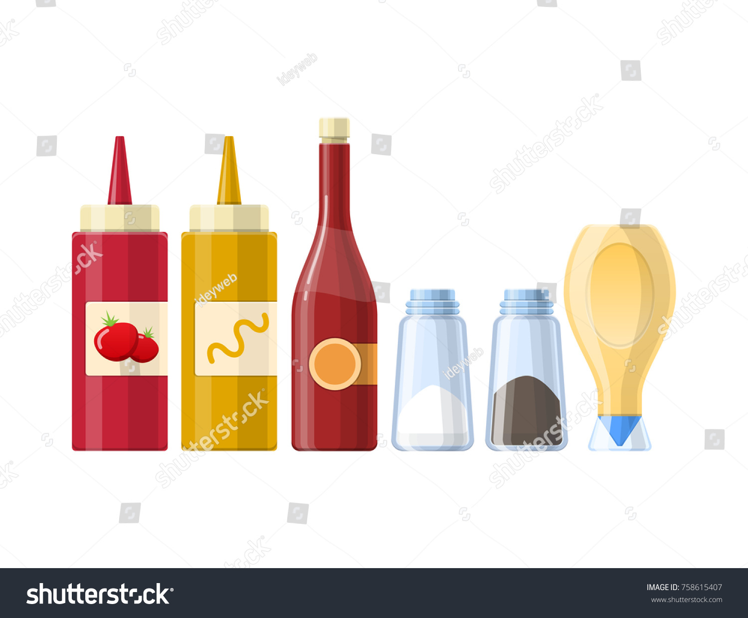 Set of sauces, spices, condiments ketchup, mustard, salt, black pepper, mayonnaise, butter, in beautiful realistic bottles, packages. Condiments and sauces for kitchen cooking Vector illustration #758615407