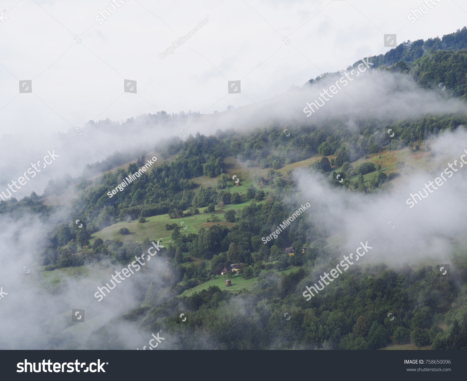 Fog at the village in the carpatian mountains  #758650096