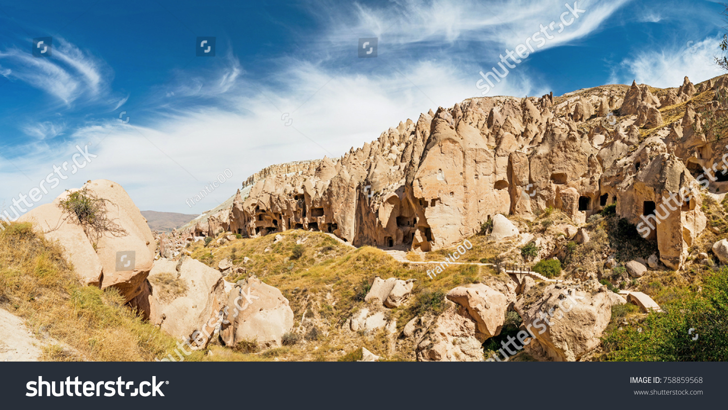 Cave town and rock formations in Zelve Valley, Cappadocia, Turkey #758859568