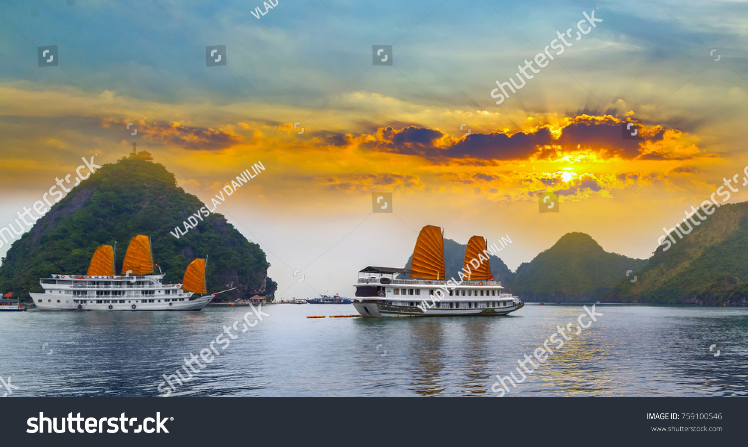 Sunset over Ha Long bay islands Halong mountains in South China Sea, Vietnam. UNESCO World Heritage Site Asia. #759100546