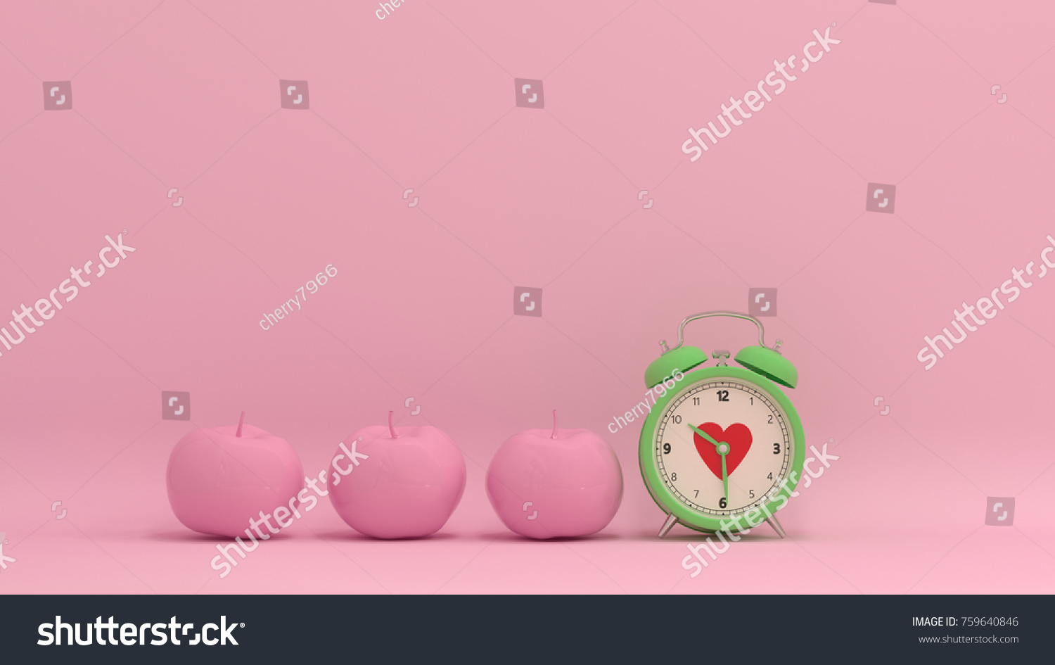 Clock and apple concept on pastel pink background for copy space minimal fruit and object concept pastel colorful. #759640846