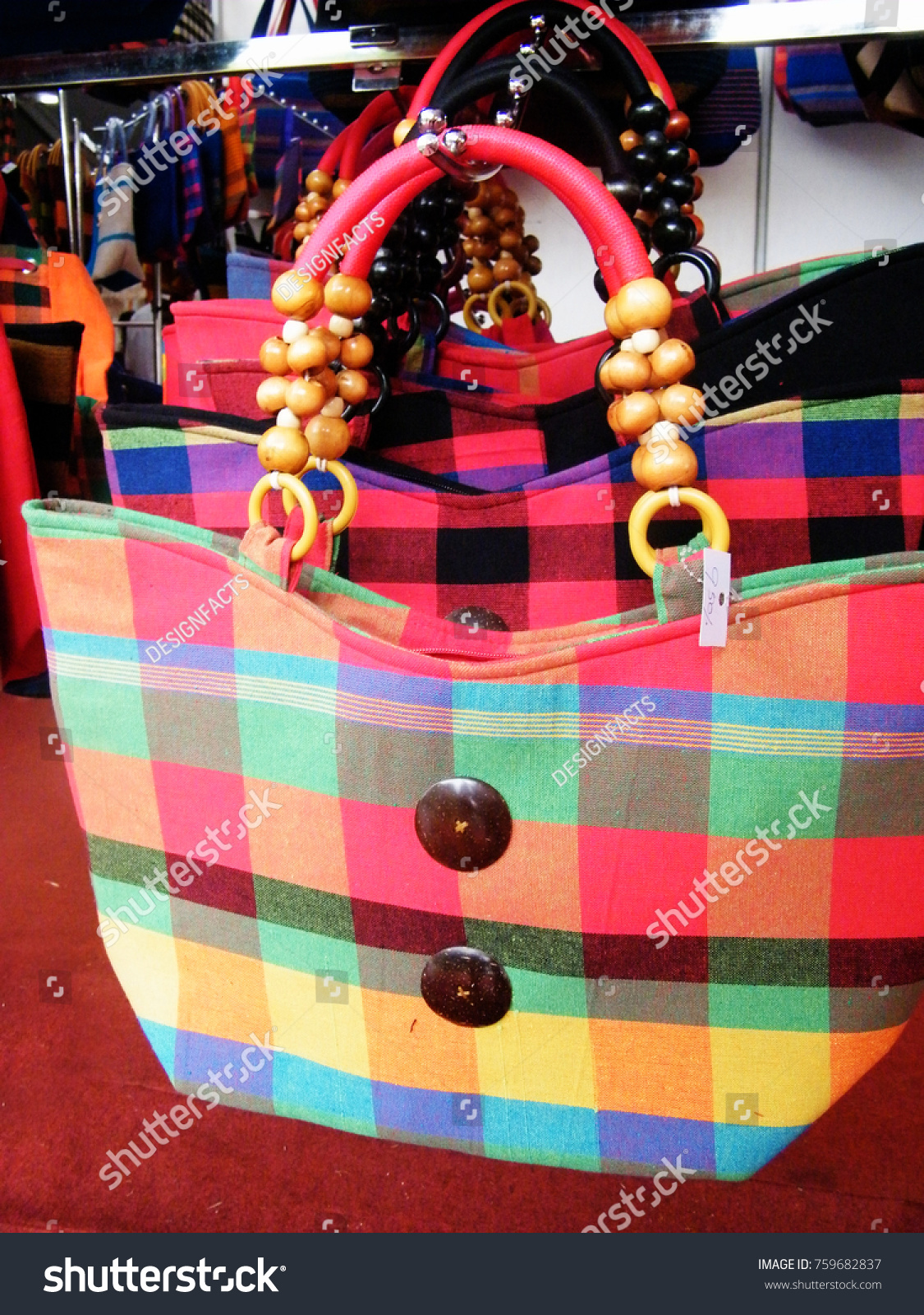 Textile bag in Sri Lanka.Hand Beach bag isolated.Hand loom work in Sri Lanka.Tourism industry and bag.Linen Color bag for sell.Art and craft items.Handicraft items. #759682837