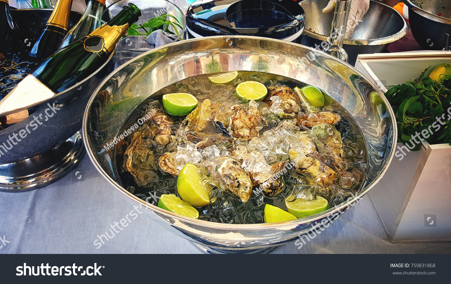 A large platter with delikatesnye oysters on ice with lime served with champagne and herbs. Serving. The horizontal frame. #759831868