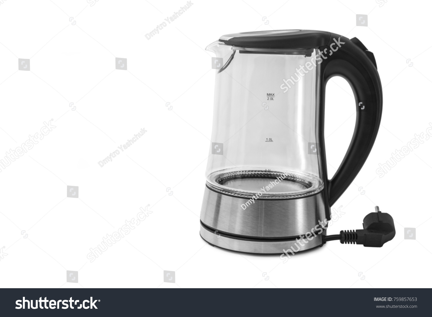 Electric Glass Kettle Isolated on White Background. Glass and Stainless Steel Tea Kettle. Domestic Appliances. Household Appliances #759857653
