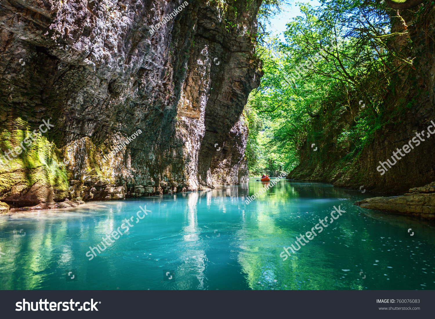 Martvili canyon in Georgia. Beautiful natural canyon with view of the mountain river, christal blue water and boat ride near Kutaisi #760076083