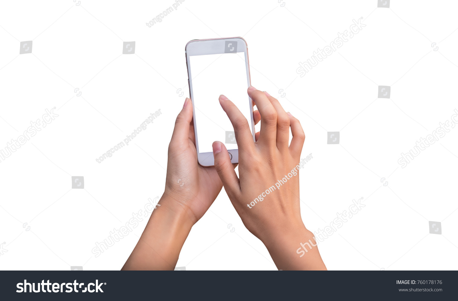 hand holding phone mobile and touching screen isolated on white background #760178176