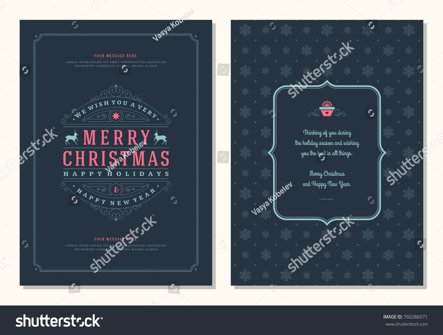 Christmas greeting card design template. Merry Christmas and holidays wishes retro typographic label and place for text. Vector illustration. #760286071