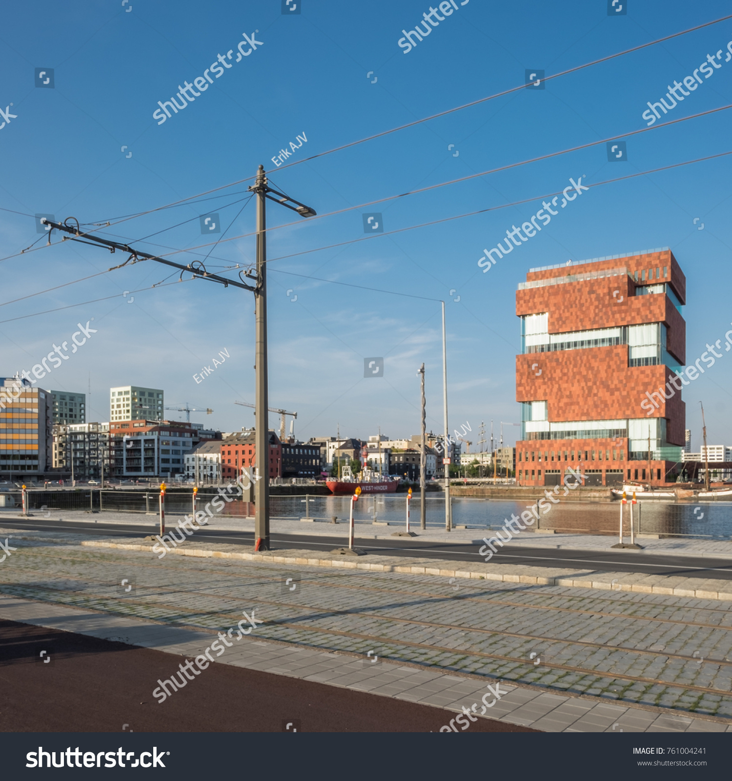 View on new tramline in front of MAS Museum, Wednesday 14 June 2017, Antwerp, Belgium. #761004241