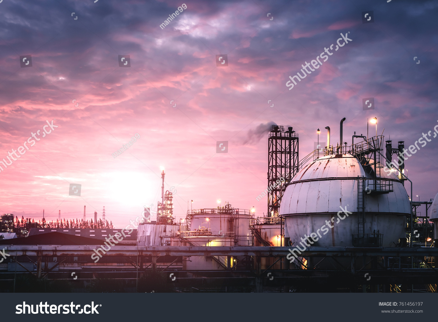 Gas storage sphere tank in Oil and gas refinery plant with sunset sky background #761456197