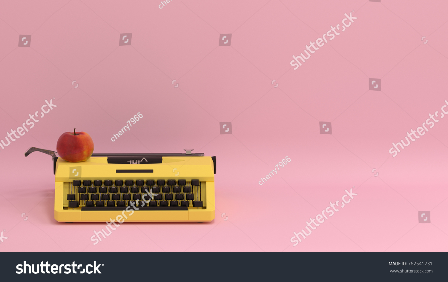 typewriter with fruit apple on the table colorful education in front of pink wall lovely picture for copy space minimal fruit and object concept pastel colorful lovely art #762541231