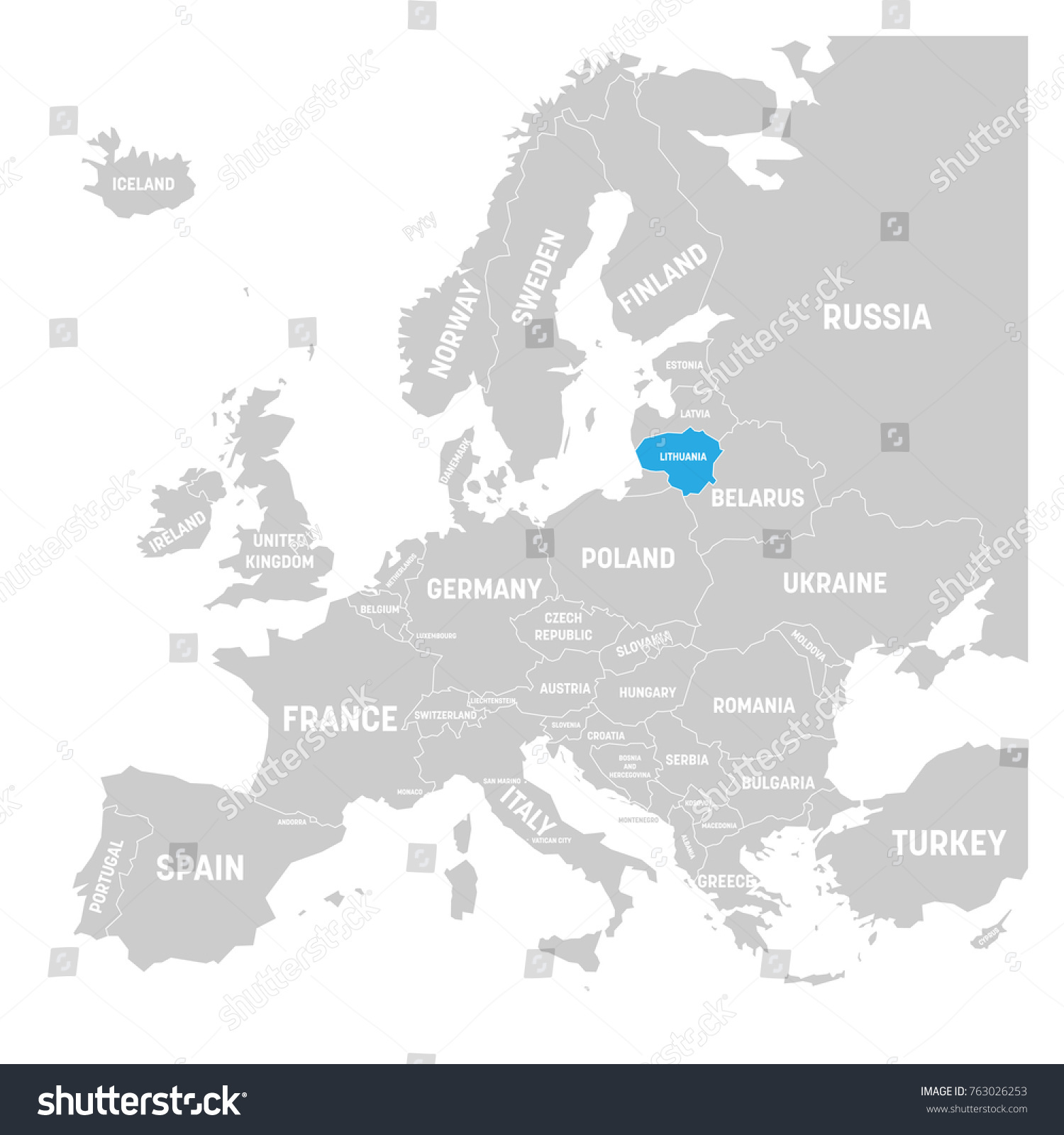 Lithuania marked by blue in grey political map of Europe. Vector illustration. #763026253