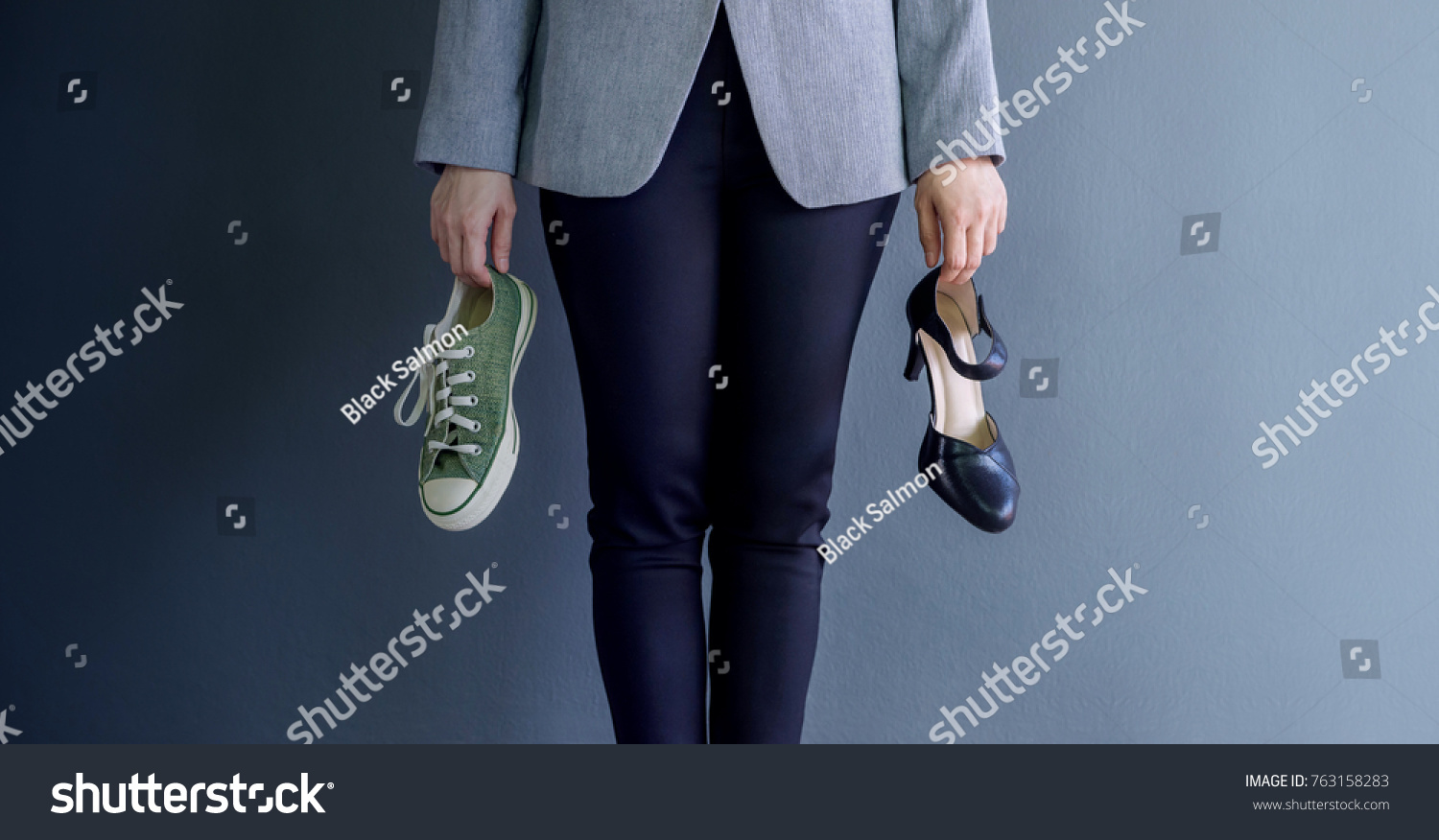 Work Life Balance Concept, present by Business Working Woman holding a High Heal and Sneaker Shoes, Croped image with Copy Space  #763158283
