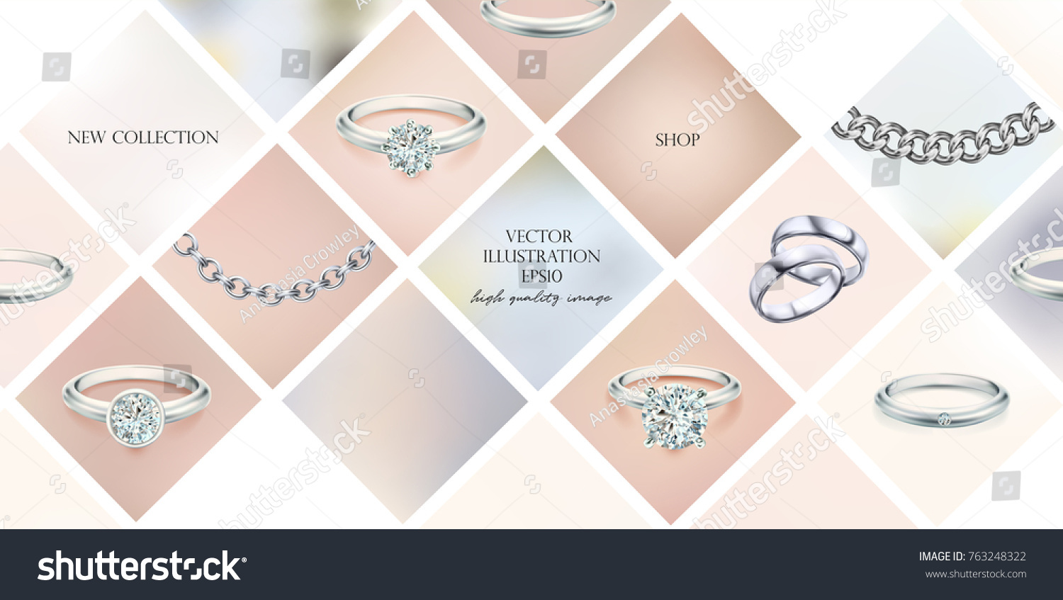 Silver necklace with diamond. Platinum chain with gem. Luxury brilliant jewelry pedant or coulomb on transparent background isolated vector illustration for ads, fluers, web site sale elements design #763248322
