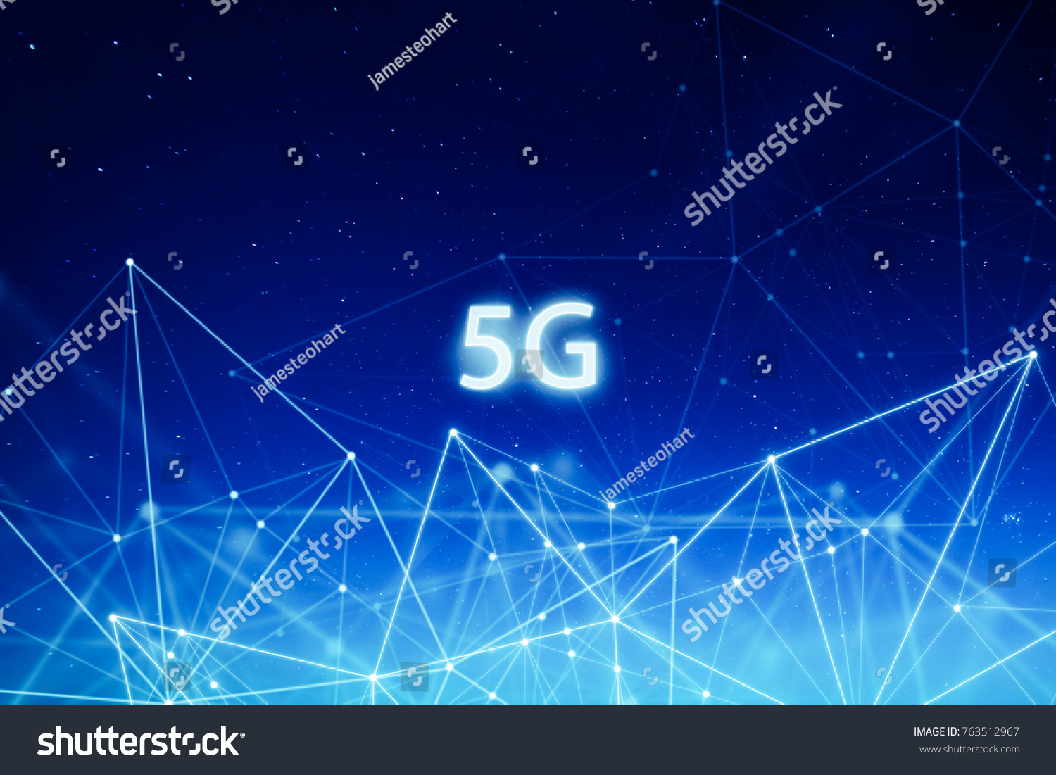 5G network wireless systems and internet of things with abstract connected dots wireless communication network on space background . #763512967