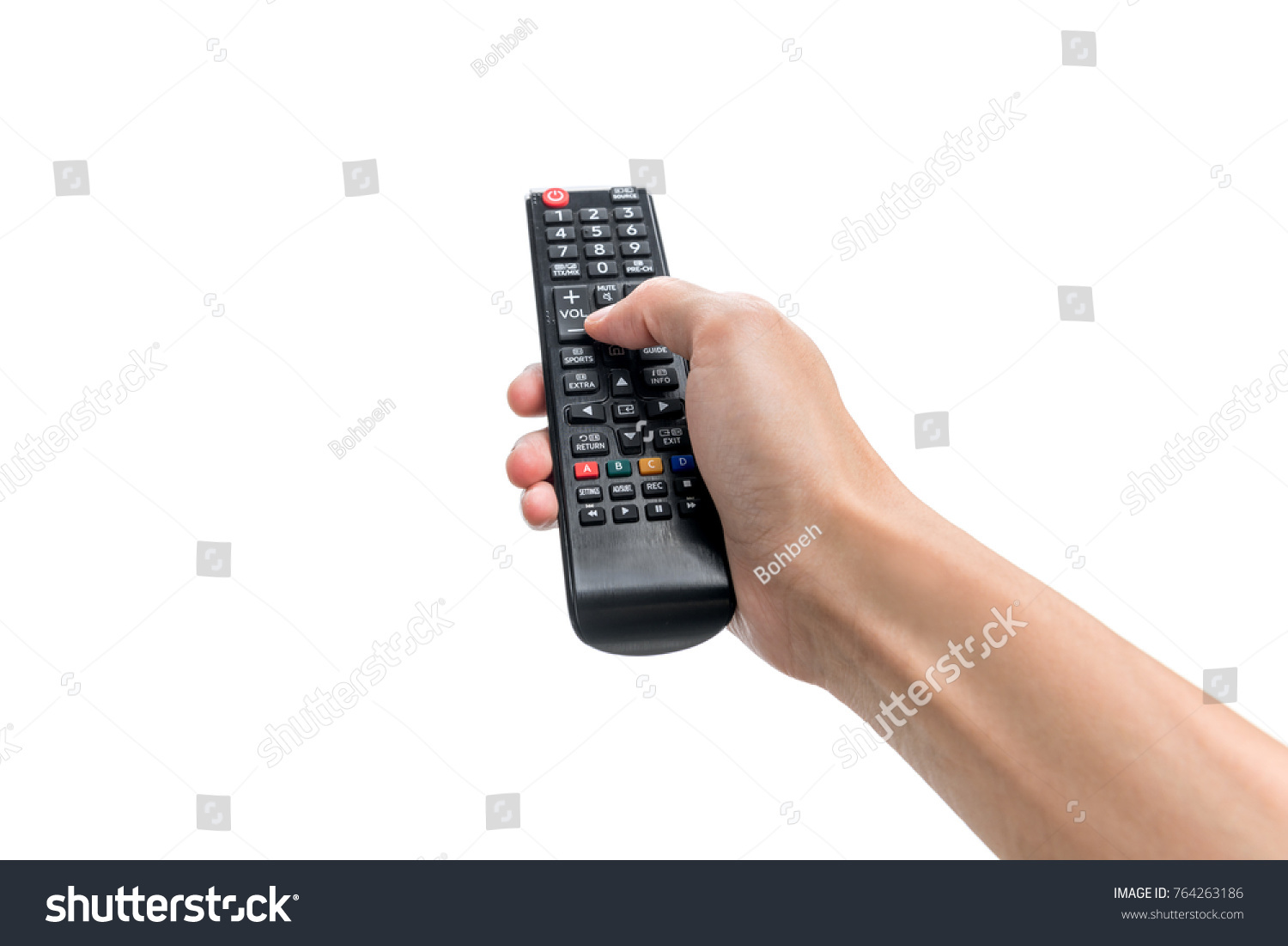 Hand pressing remote control isolated on white background #764263186