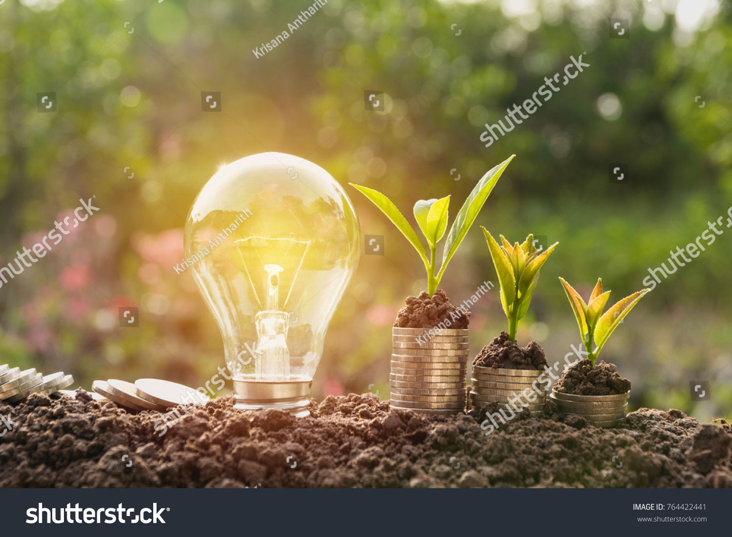 Energy saving light bulb and tree growing on stacks of coins on nature background. Saving, accounting and financial concept. #764422441