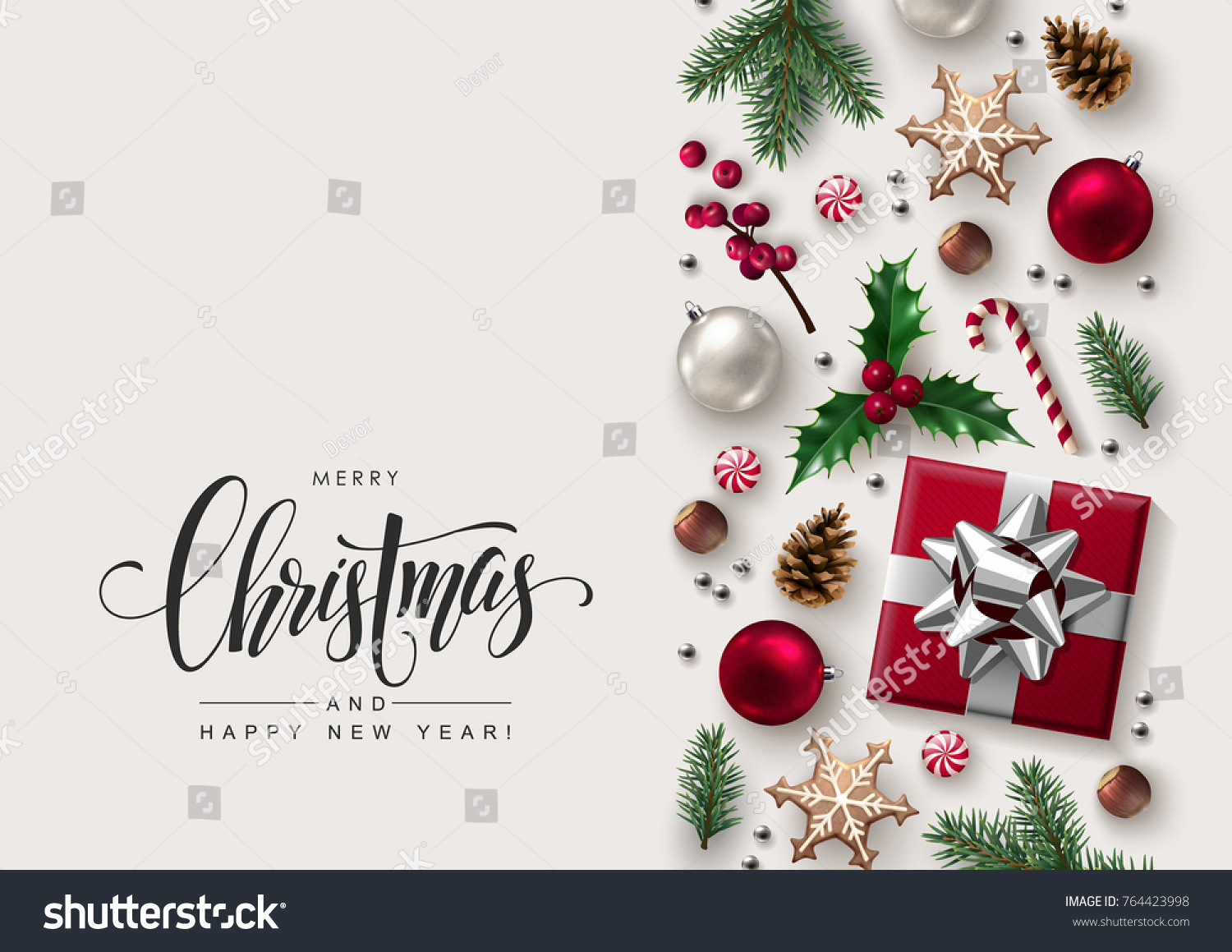 Christmas Decorative Border made of Festive Elements with Calligraphic Seasons Wishes #764423998