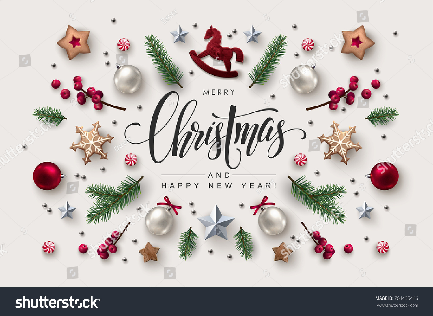 Christmas postcard with Calligraphic Season Wishes and Composition of Festive Elements such as Cookies, Candies, Berries, Christmas Tree Decorations. #764435446