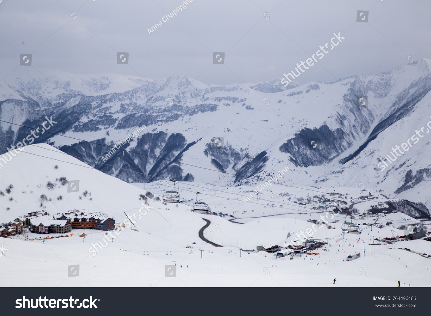 Caucasus Mountains, Georgia, ski resort Gudauri. View of the mountains from the top. View of the Gudauri from the slopes. #764496466
