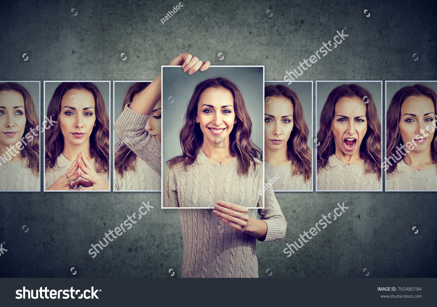 Masked woman expressing different emotions #765480184