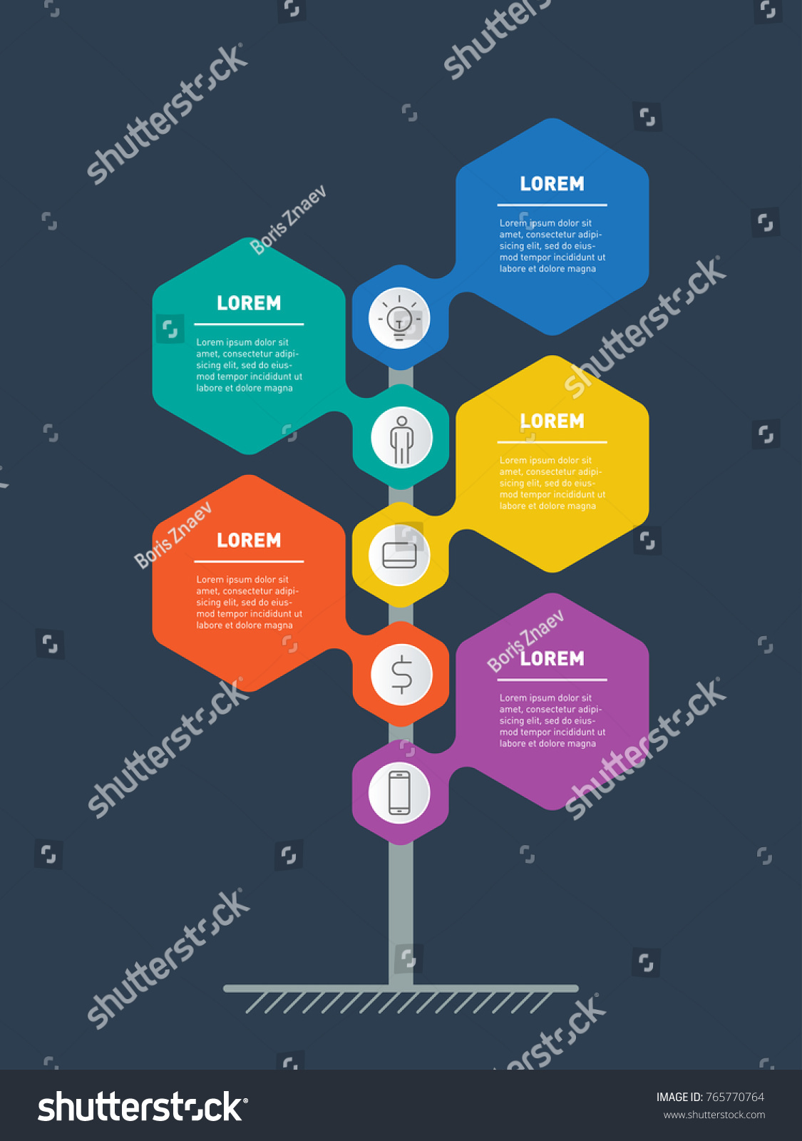 Vertical Timeline infographics. Time line of tendencies and trends graph. The development and growth of the business. Business presentation concept with 5 options, parts, steps or processes #765770764