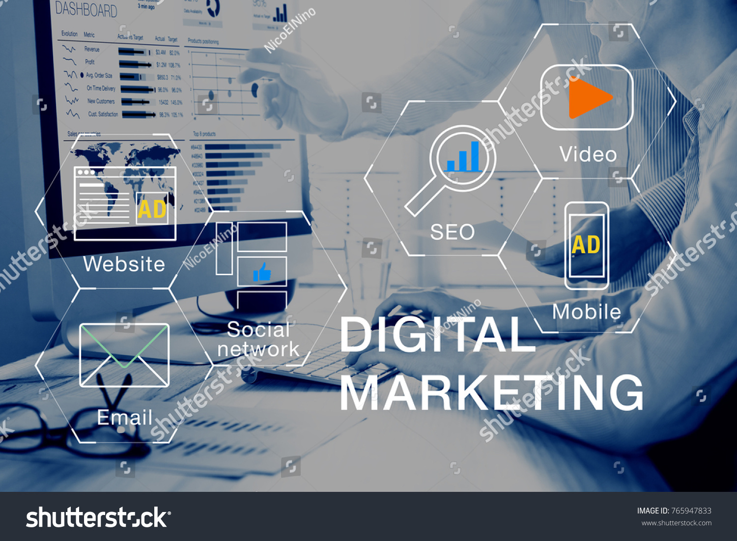 Concept of digital marketing media (website ad, email, social network, SEO, video, mobile app) with icon, and team analyzing return on investment (ROI) and Pay Per Click (PPC) dashboard in background #765947833