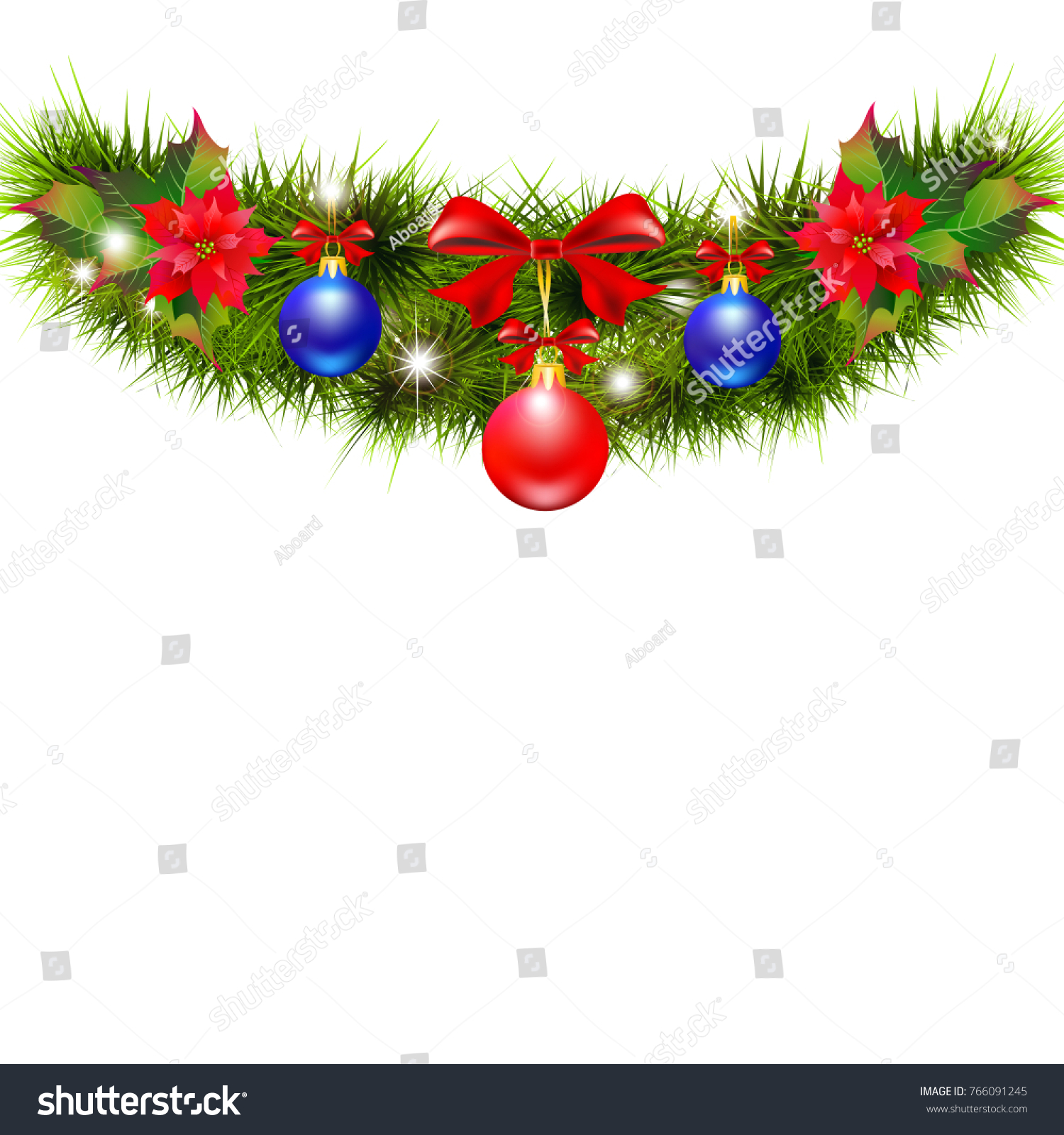 Christmas garland with poinsettia and red ribbons ,isolated on a white #766091245
