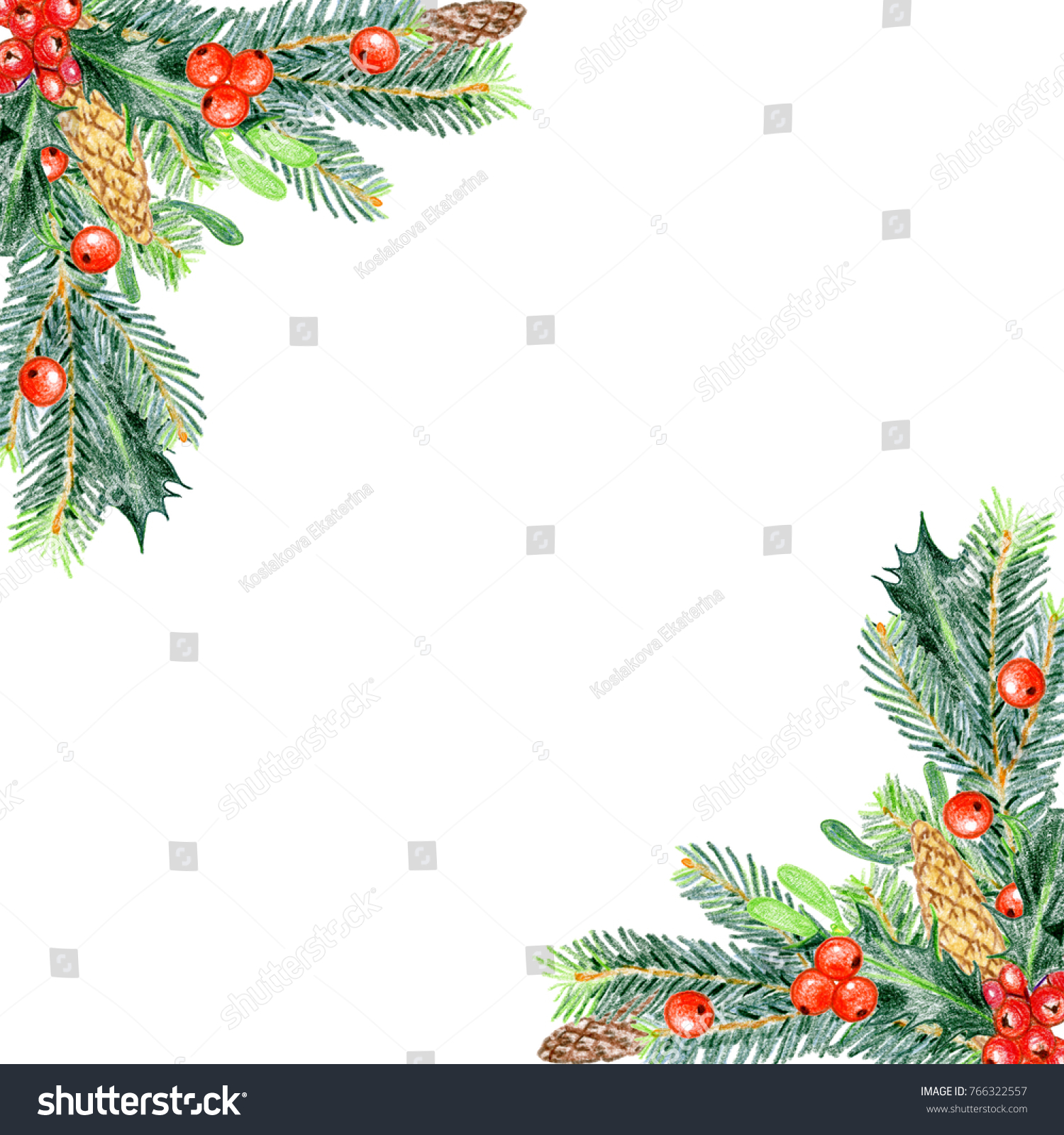Colored pencils Christmas decorations for design. Spruce, cones, holly, mistletoe. Corner. #766322557