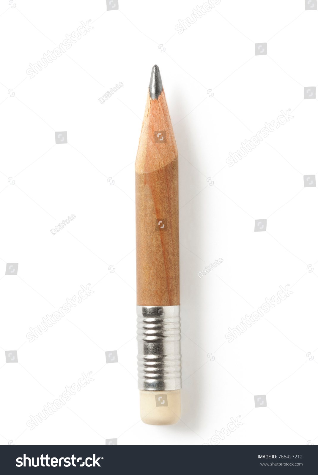 Worn pencil round shape. Very short pencil against white background with a soft shadow. Clipping path #766427212